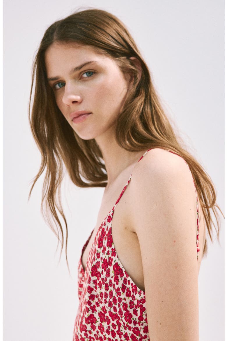 Printed V-Neck Slipdress, Alternate, color, RED/ECRU