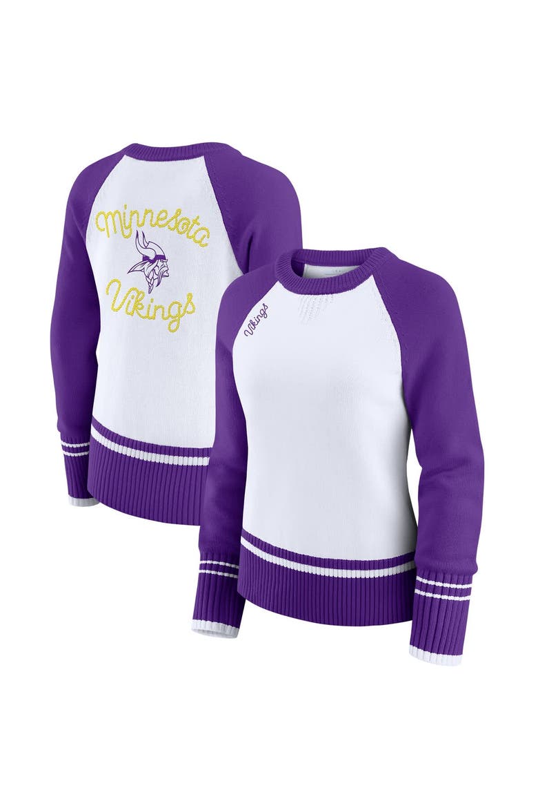 Women's WEAR by Erin Andrews White/Purple Minnesota Vikings Colorblock Raglan Sweater, Main, color, White