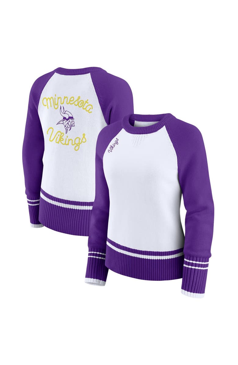 WEAR by Erin Andrews Women's WEAR by Erin Andrews White/Purple Minnesota Vikings Colorblock Raglan Sweater, Main, color, White