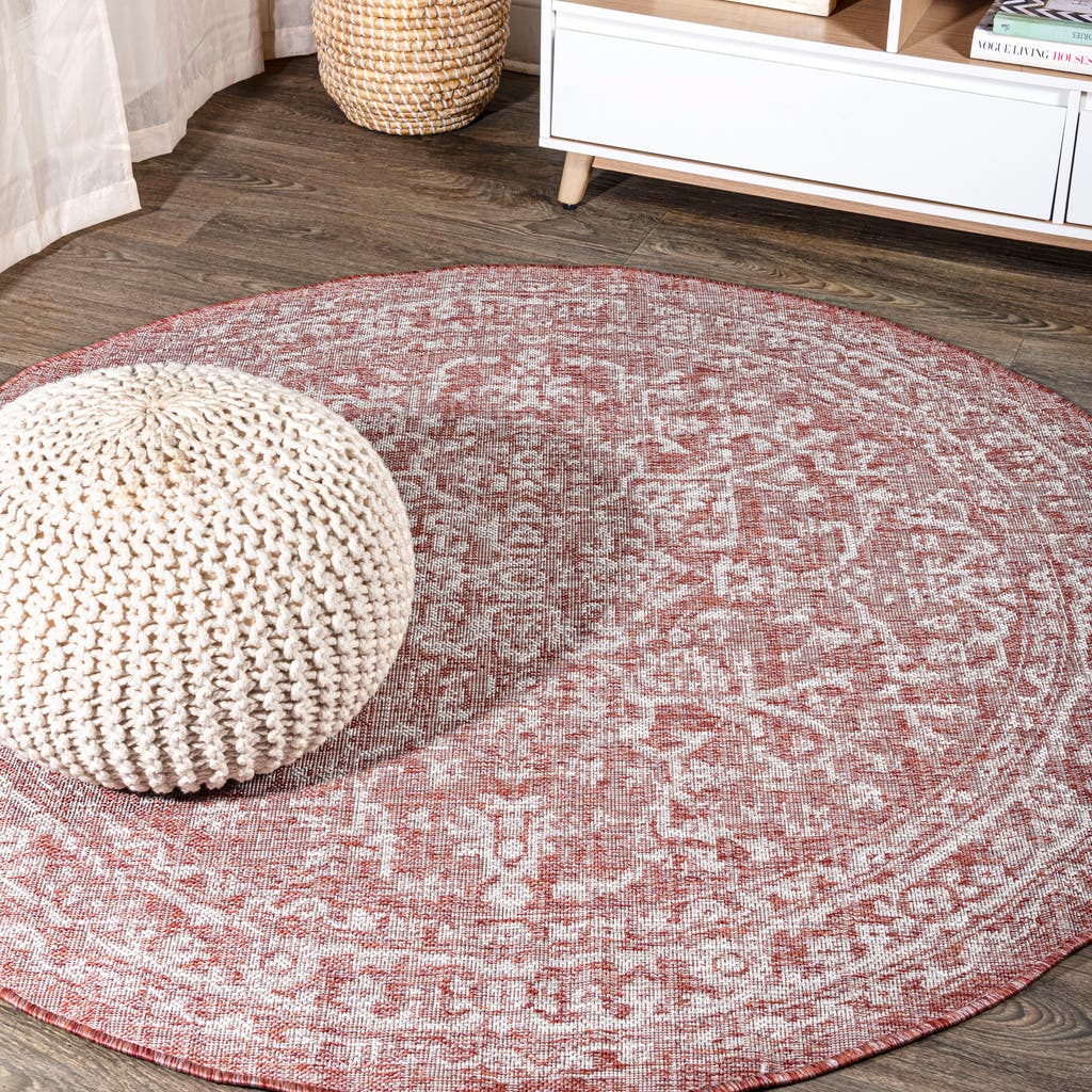Jonathan Y Malta Bohemian Medallion Textured Weave Indoor/outdoor Round Area Rug In Red/taupe