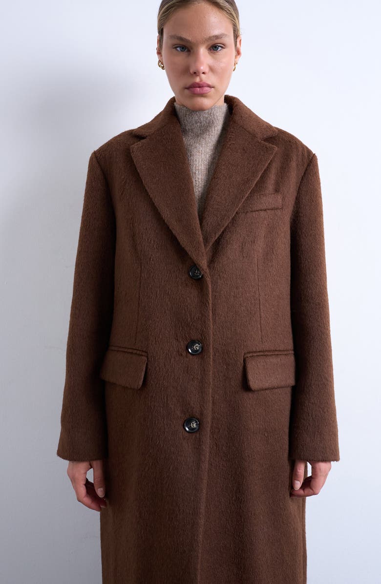 Topshop Single Breasted Longline Coat, Alternate, color, Brown