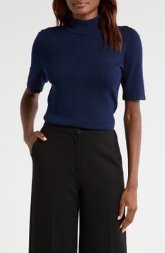 Women's Mock Neck Turtleneck Top - Short Sleeve, Stretchy Ribbed Side, Slim Fit
