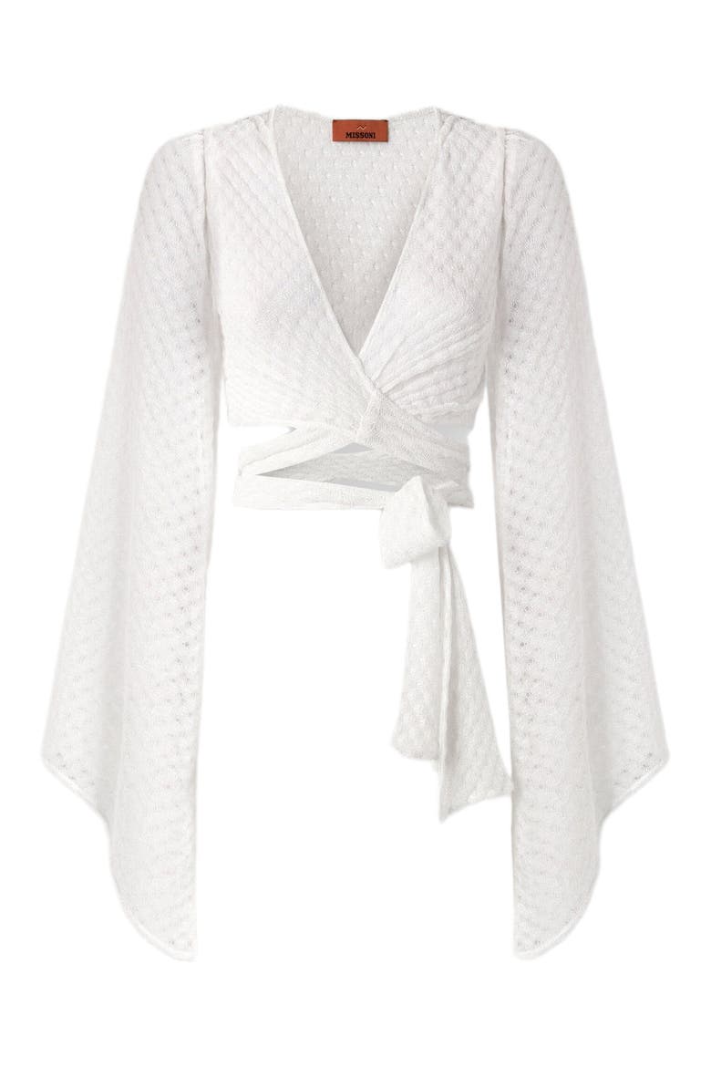 Wrap Top In Lamé Viscose With Raschel Workmanship, Alternate, color, White