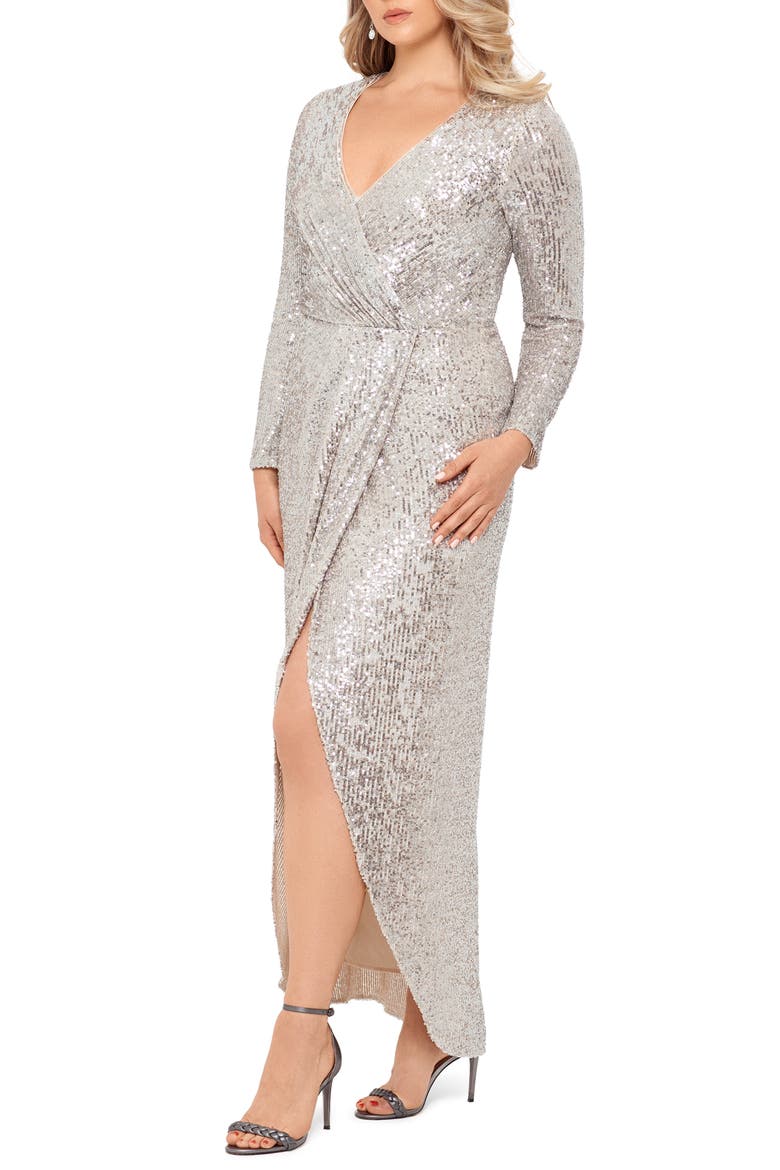 Xscape Long Sleeve Faux Wrap Sequin Gown, Alternate, color, NUDE/ SILVER