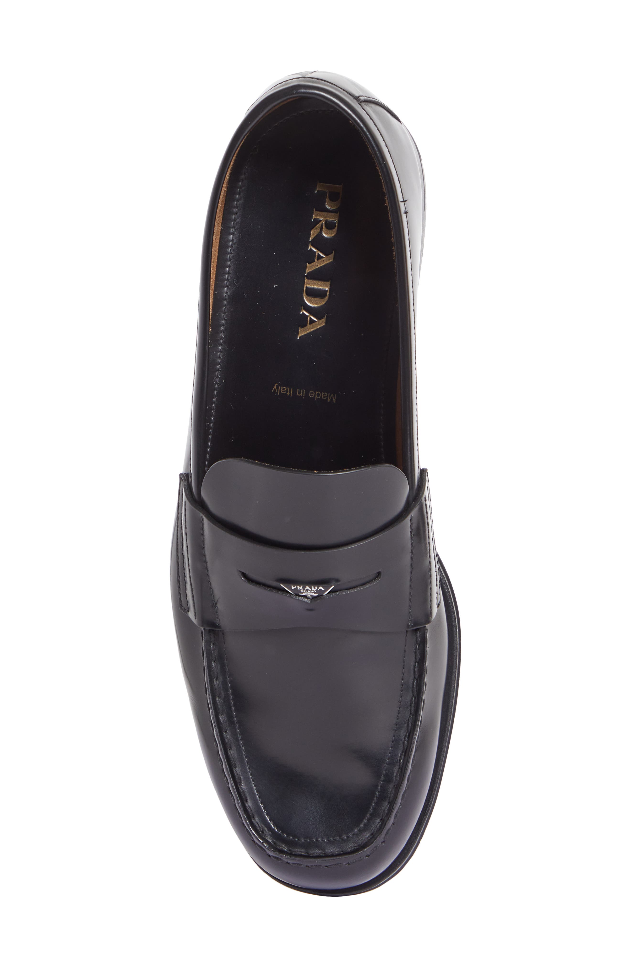 Prada Triangle Logo Penny Loafer, Alternate, color, Nero
