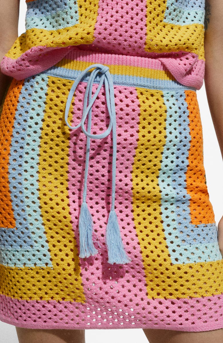MANGO Babylon Colorblock Open Stitch Cotton Drawstring Sweater Miniskirt, Alternate, color, Pink