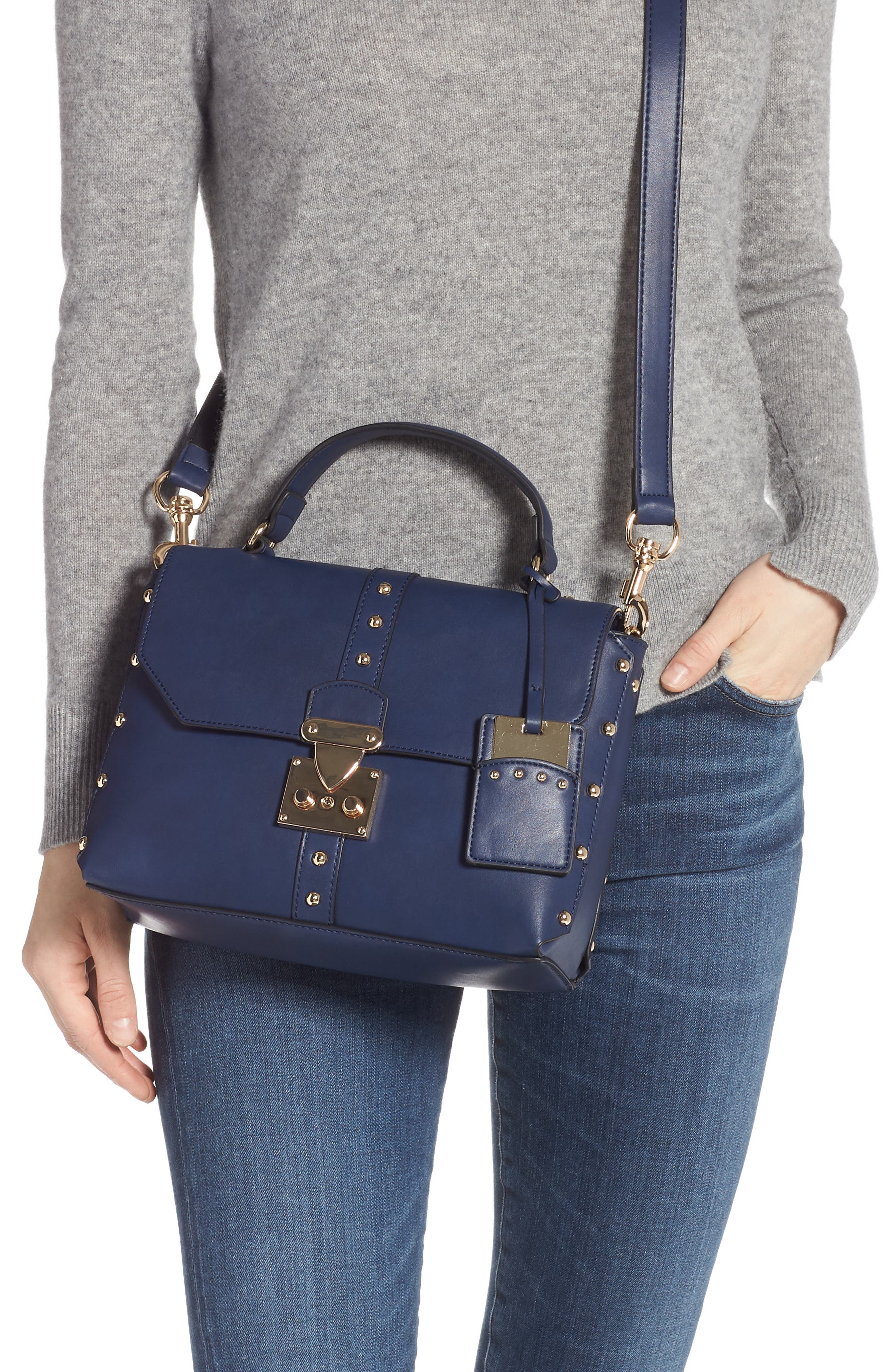 Cesca Studded Faux Leather Box Crossbody Bag, Alternate, color, 