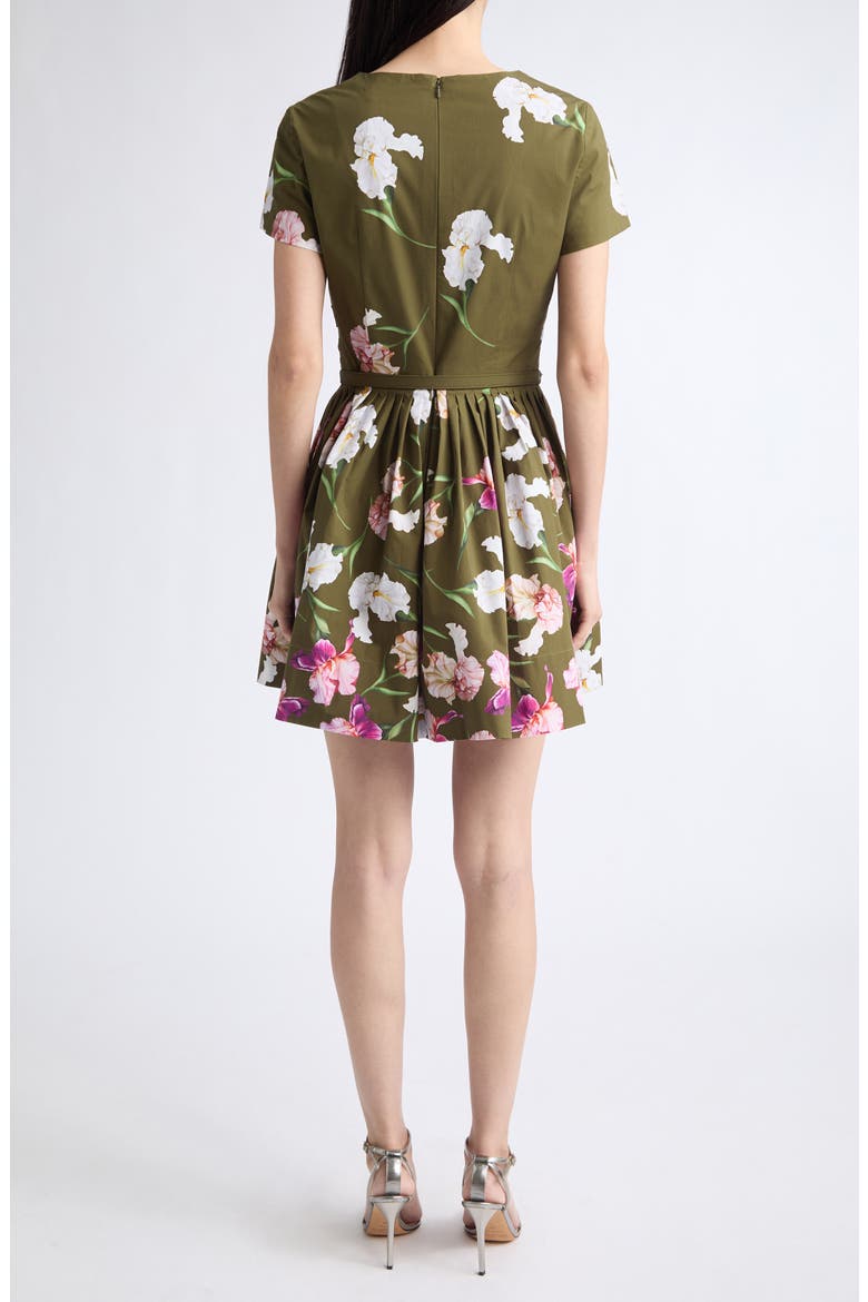Belted Painted Iris Short Sleeve Fit and Flare Dress, Alternate, color, DARK MOSS MULTI