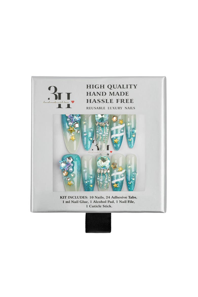 Ocean Goddess Luxury Handmade Press On Nails, Main, color, teal ombré nails