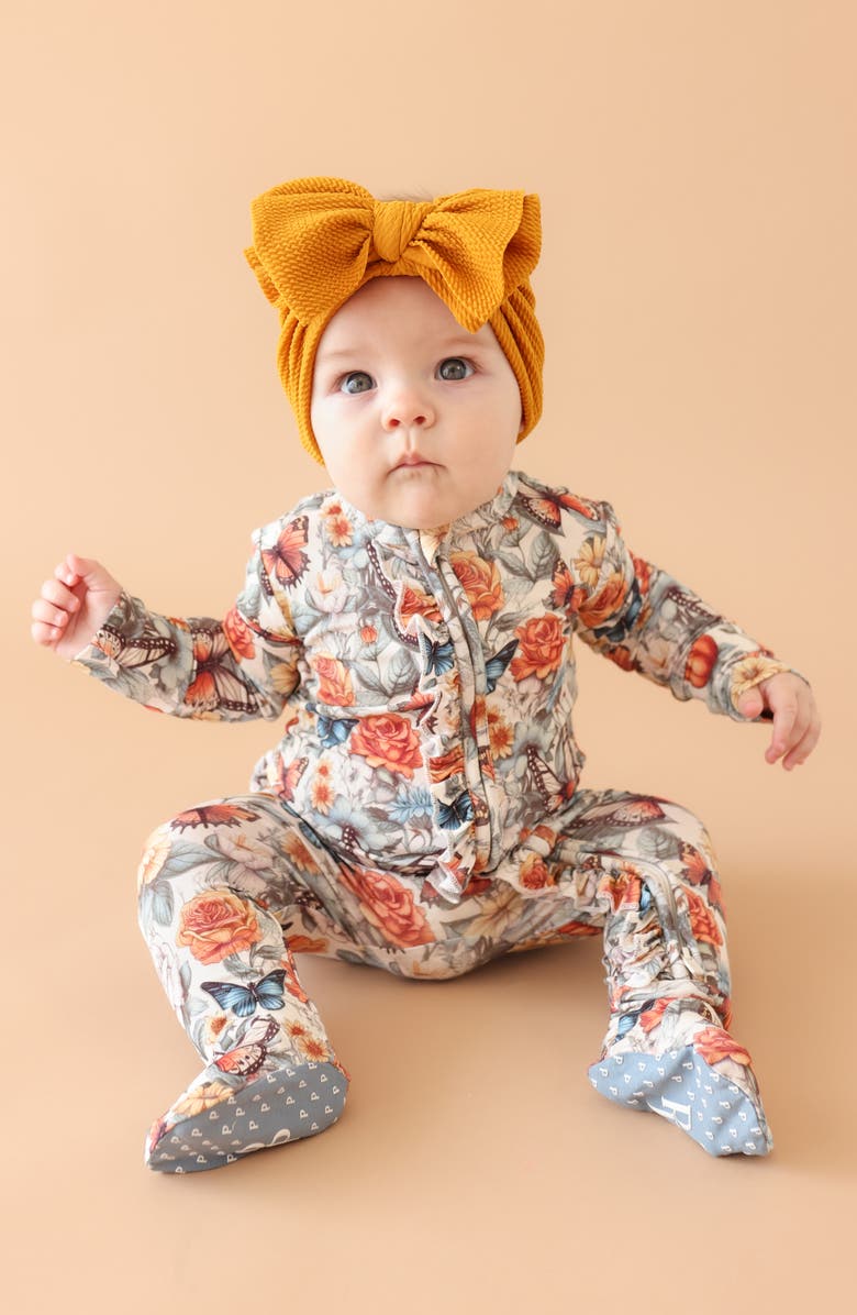 Posh Peanut Floral Ruffle Zip Footie, Alternate, color, Beige