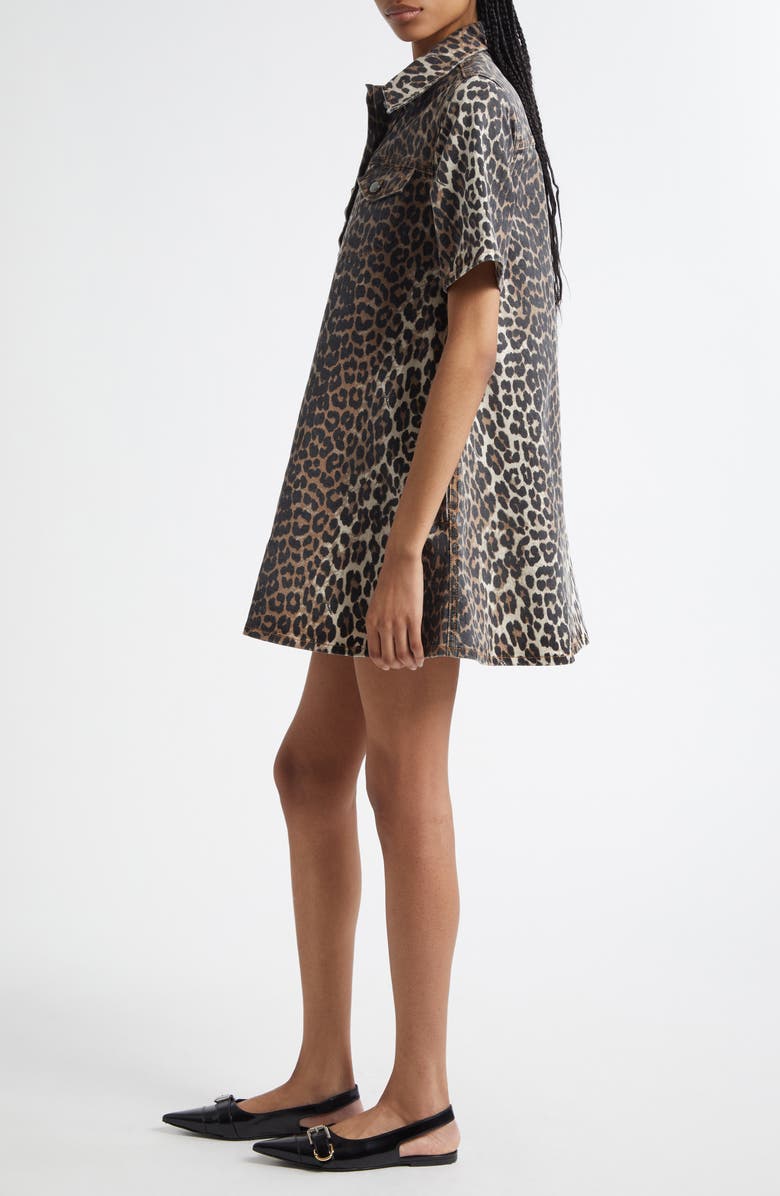 Ganni Leopard Stretch Organic Cotton Denim Minidress, Alternate, color, Leopard