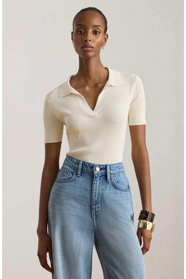 Rib Knit Polo Sweater, Alternate, color, MASCARPONE CREAM
