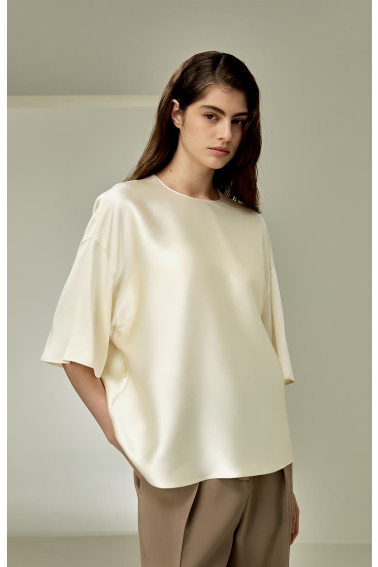 Women's Relaxed Silk Crewneck Blouse, Alternate, color, Lily White