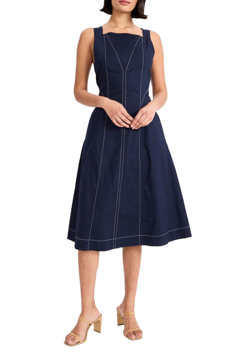 Sleeveless Stretch Cotton A-Line Midi Dress, Main, color, NAVY BLAZER