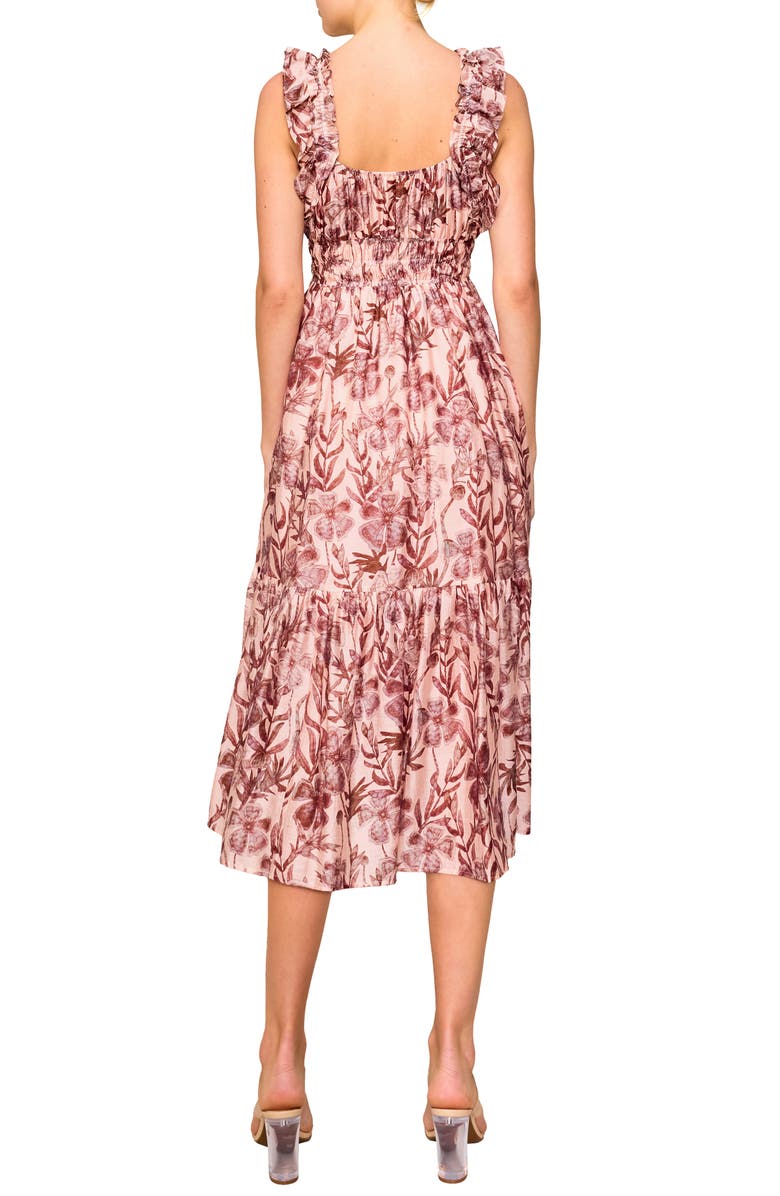 MELLODAY Floral Ruffle Tiered Midi Dress, Alternate, color, Mauve/ Blush Floral