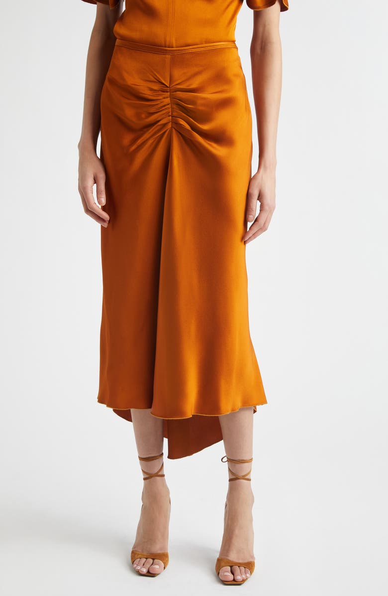 Victoria Beckham Gathered Satin Midi Skirt, Main, color, Bronze