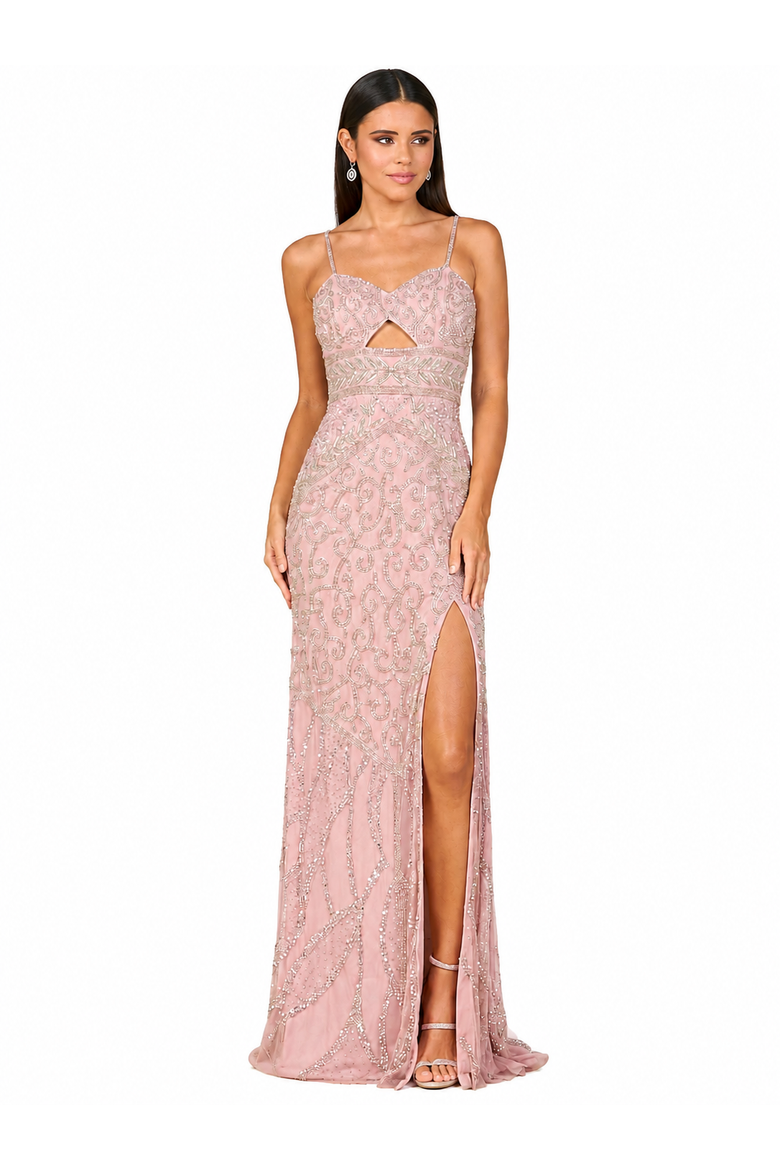 Embellished Gown with Slit And Low Back, Alternate, color, Cashmere