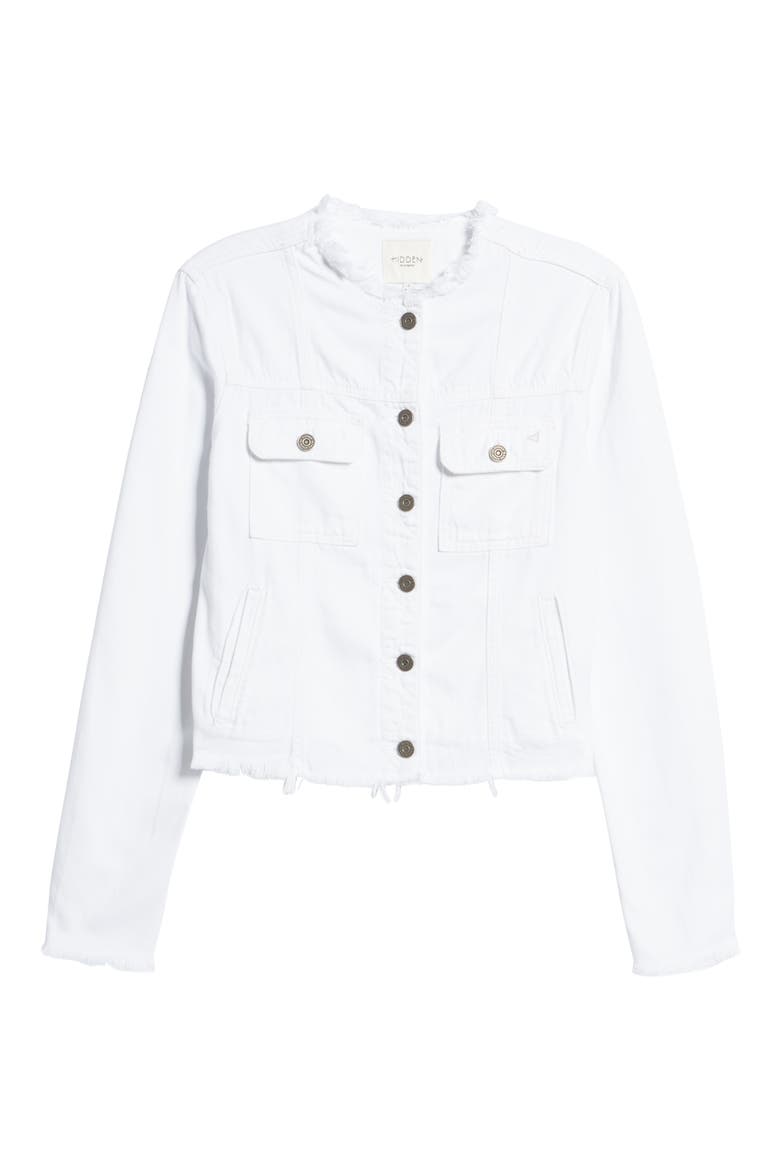 Fitted Frayed Denim Trucker Jacket, Alternate, color, WHITE