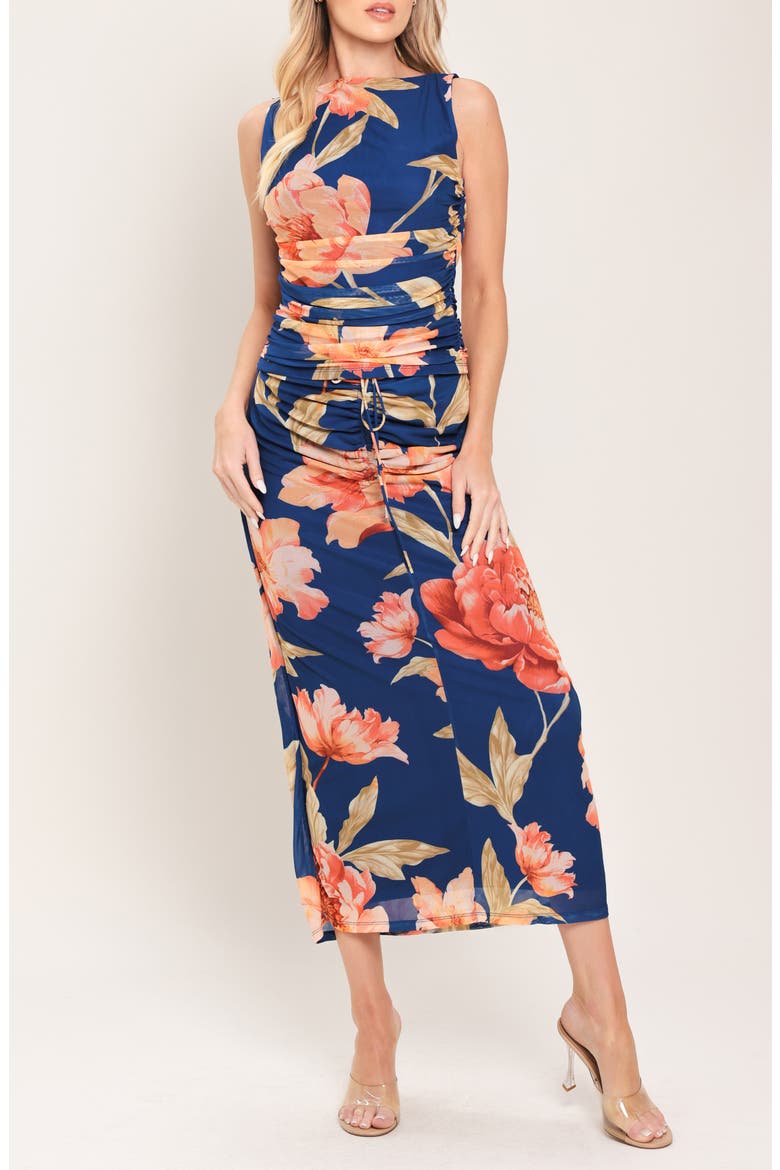 Floral Ruched Mesh Maxi Skirt, Alternate, color, NAVY