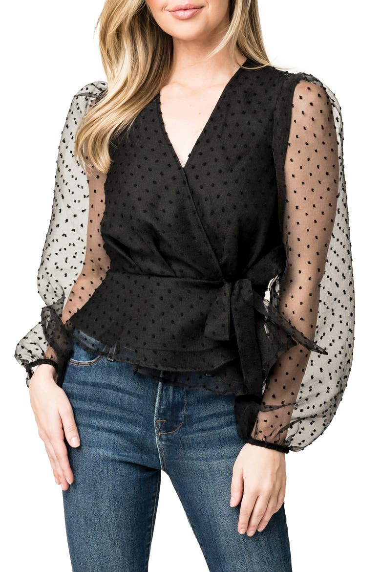 Velvet Dot Organza Wrap Top, Main, color, BLACK DOT