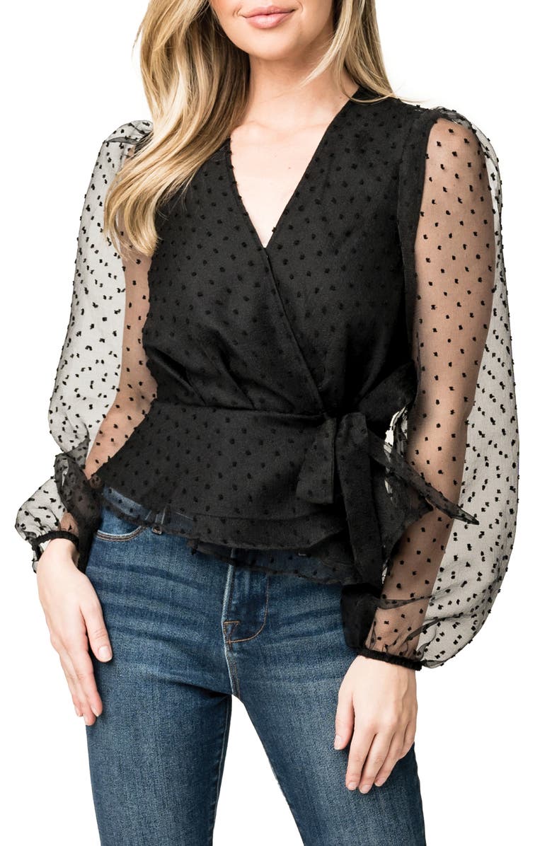 GIBSONLOOK Velvet Dot Organza Wrap Top, Main, color, Black Dot