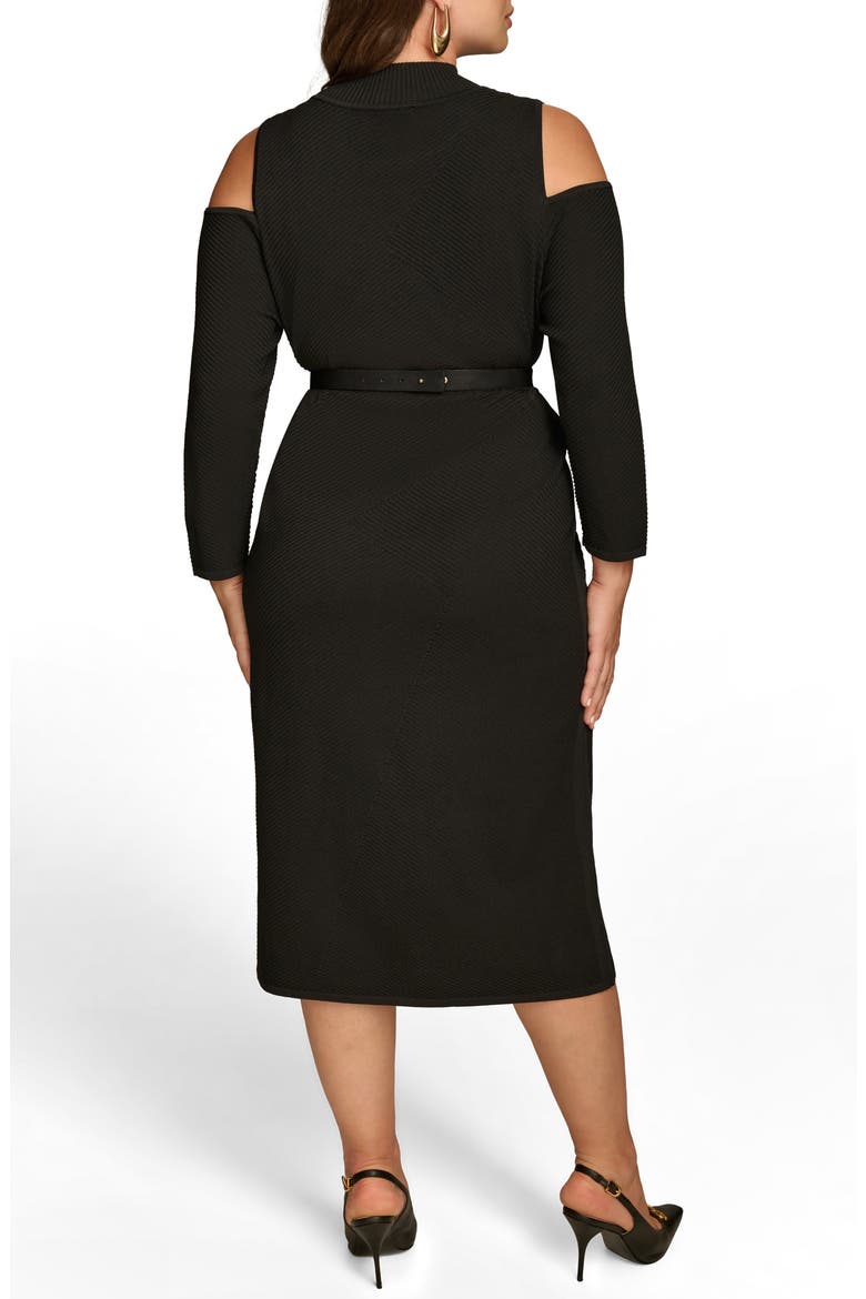 Poly Belted Cold Shoulder Midi Dress, Alternate, color, BLACK
