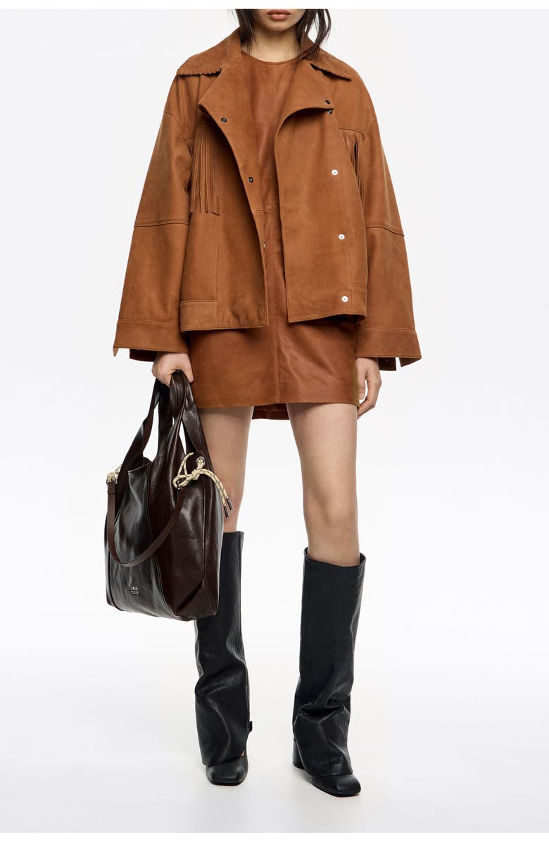 Bimba y Lola Fringed Leather Dress, Alternate, color, Tobacco