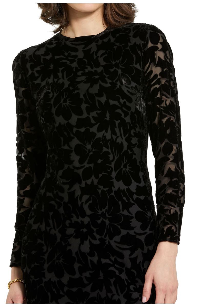 Mac Duggal Burnout Velvet Long Sleeve Ruffle Hem Midi Dress, Alternate, color, Black