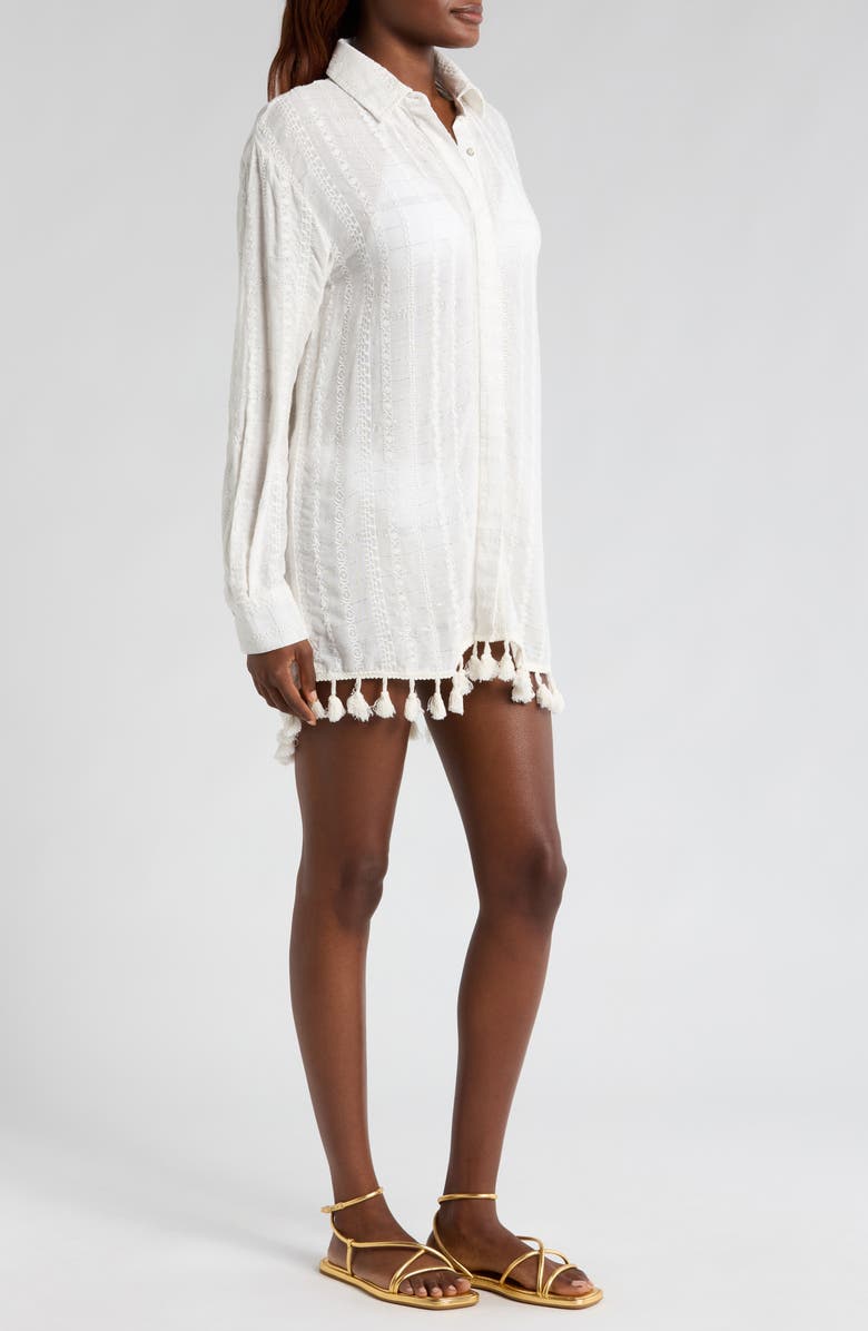 Ramy Brook Roman Metallic Tassel Trim Long Sleeve Semisheer Cover-Up Tunic, Alternate, color, 