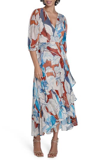 Calvin Klein Floral Faux Wrap Chiffon Maxi Dress