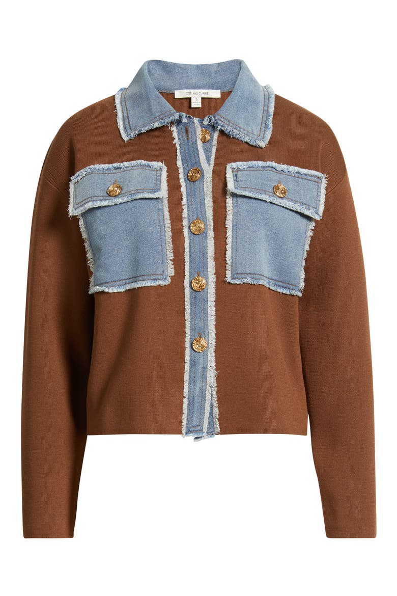Knit & Denim Trucker Jacket, Alternate, color, BROWN/ DENIM