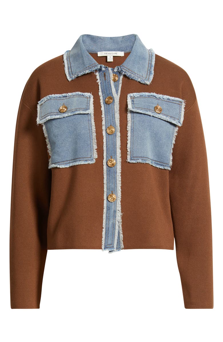ZOE AND CLAIRE Knit & Denim Trucker Jacket, Alternate, color, Brown/ Denim