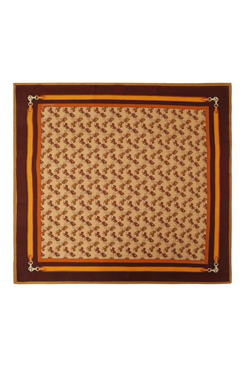 Horse & Carriage Print Silk Square Scarf, Main, color, BROWN
