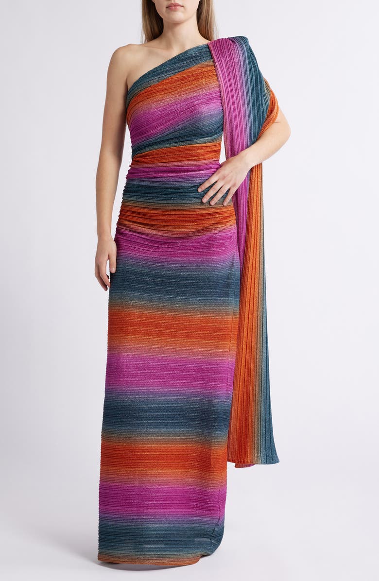 Black Halo Vella Stripe One-Shoulder Gown, Main, color, Pleated Hues