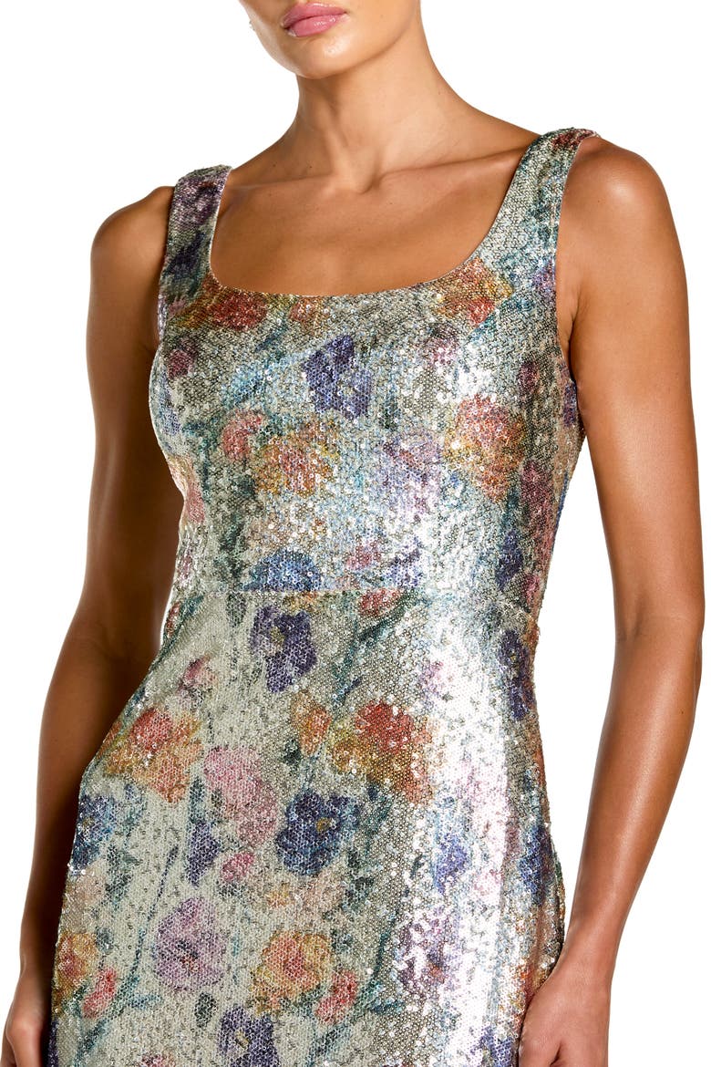 Floral Sequin Sleeveless Square Neck Fitted Gown, Alternate, color, Silver Multi