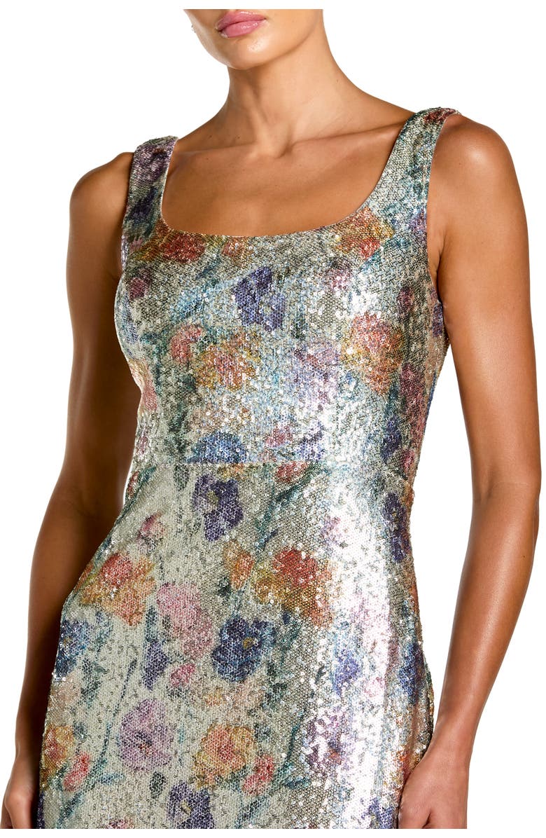 Mac Duggal Floral Sequin Sleeveless Square Neck Fitted Gown, Alternate, color, Silver Multi