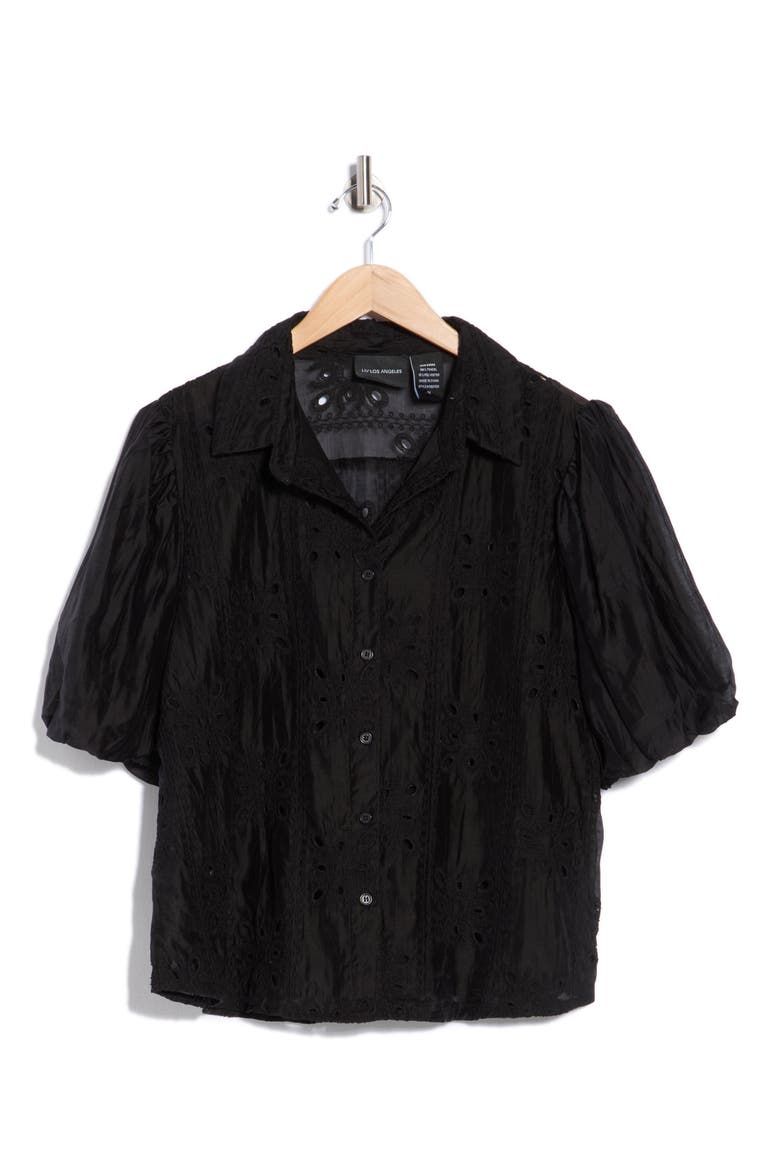 Eyelet Puff Sleeve Button-Up Shirt, Alternate, color, BLACK