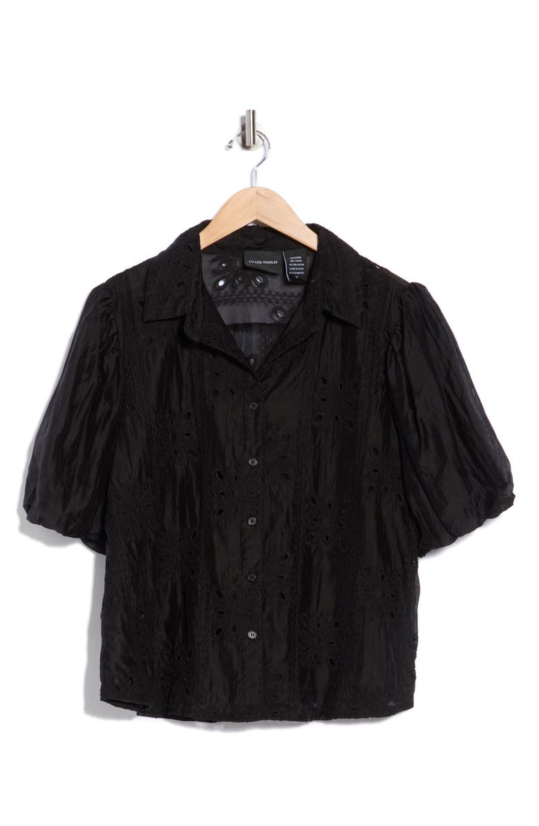 Forgotten Grace Eyelet Puff Sleeve Button-Up Shirt, Main, color, Black