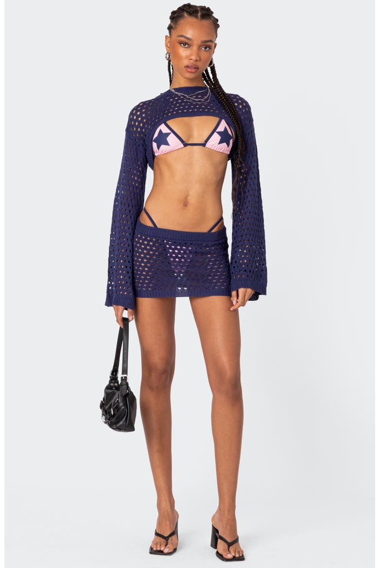 Celena Open Knit Cover-Up Miniskirt, Alternate, color, NAVY