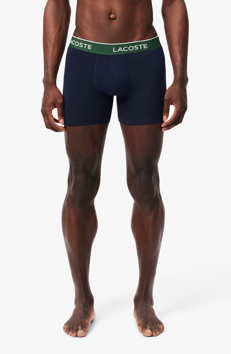 Lacoste Core Essentials Assorted 3-Pack Stretch Cotton Boxer Briefs, Alternate, color, Navy Blue/ Green-Red-Navy
