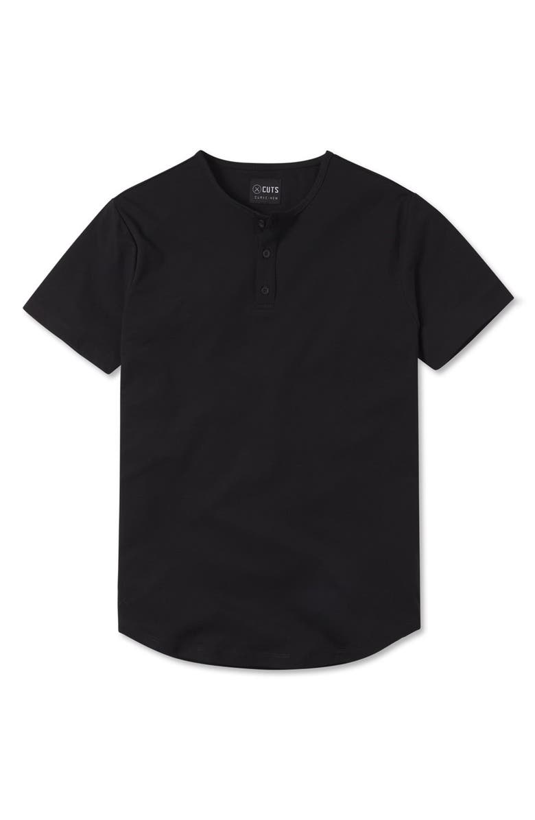 Cuts AO Curved Hem Short Sleeve Henley, Alternate, color, Black