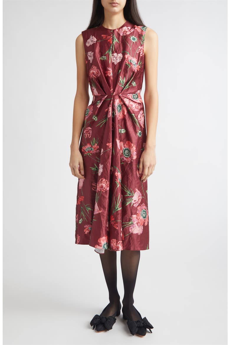 Floral Textured Satin Midi Dress, Main, color, BELLE EPOQUE POPPY RUBY RED