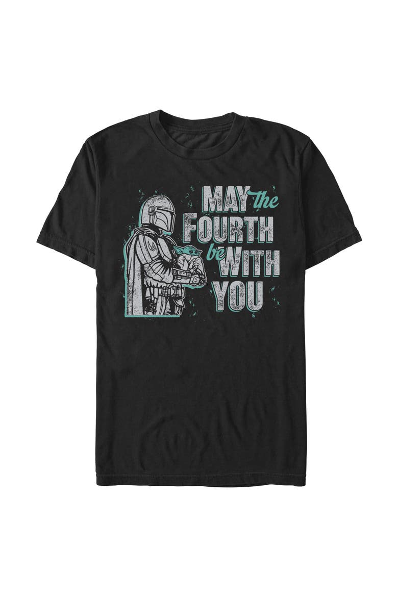 Mens Star Wars The Mandalorian Distressed Mando And Grogu May The Fourth T Shirt, Main, color, Black