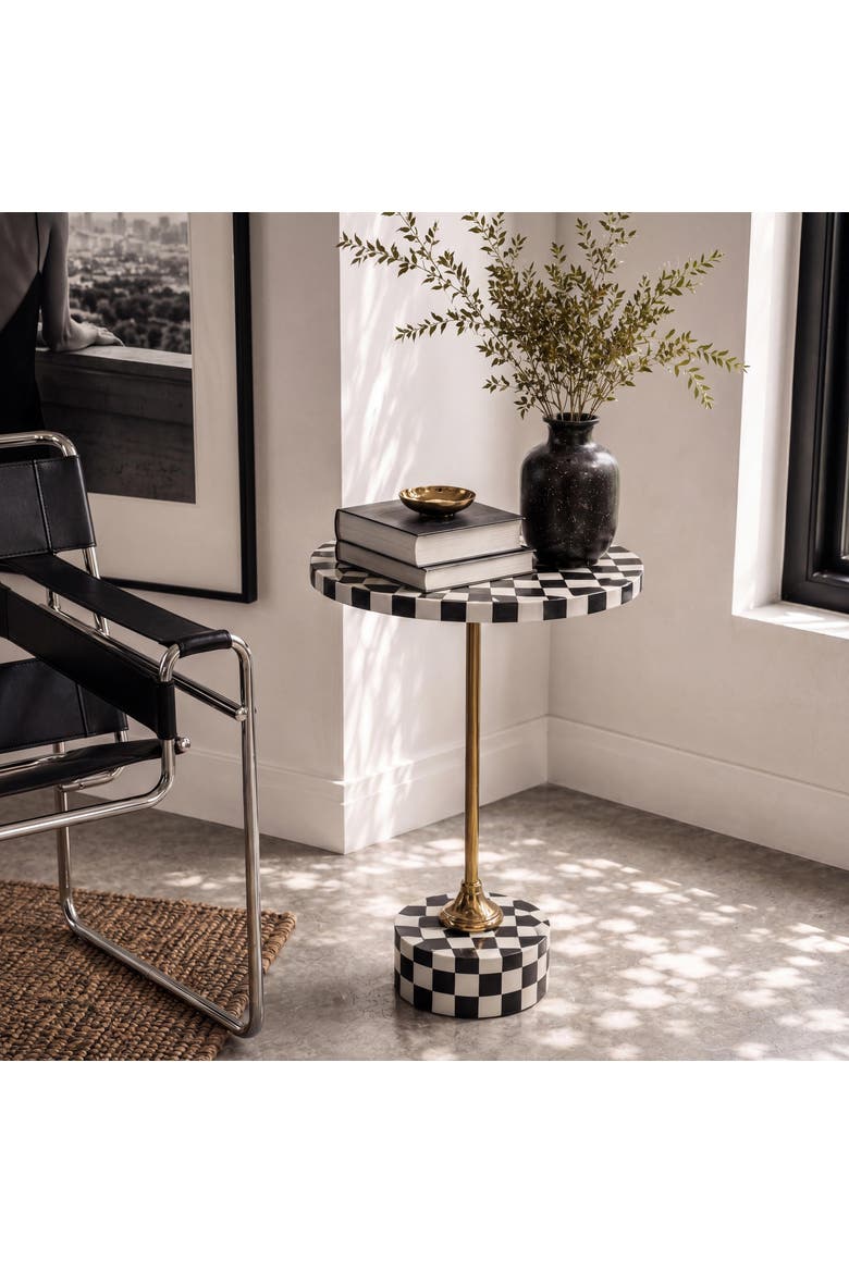 Calix Art Deco Metal/Resin Checkerboard Round Drink Table, Alternate, color, Black/White