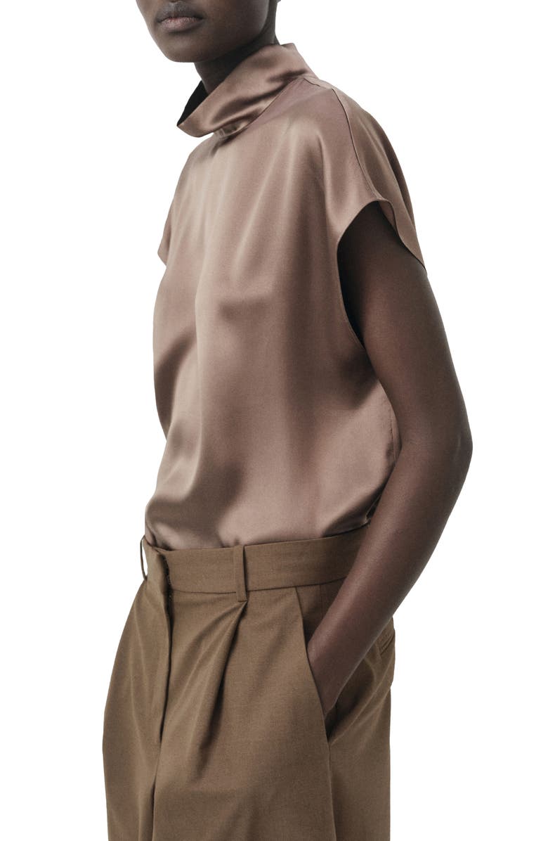 MANGO Selection Mock Neck Silk Satin Top, Main, color, Medium Brown