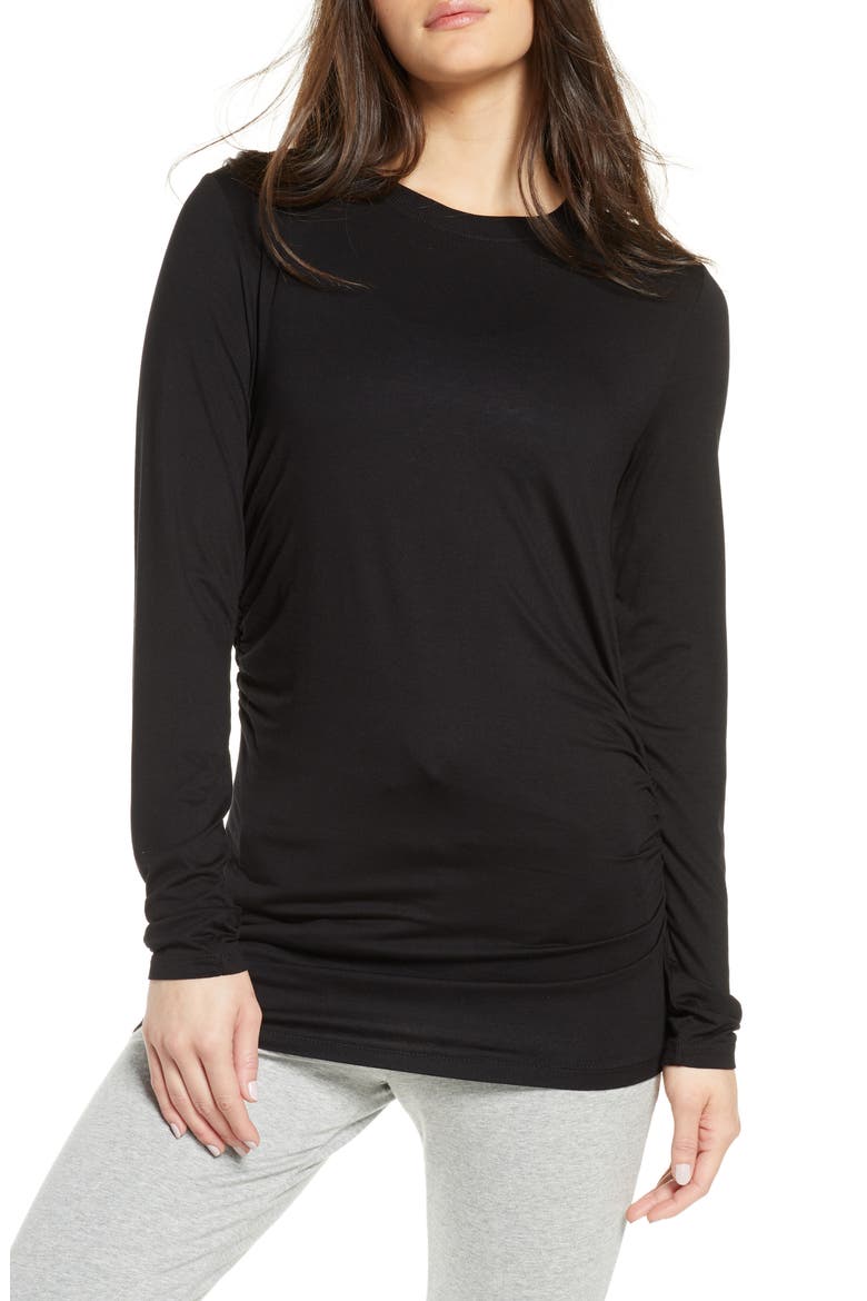 Asymmetrical Side Ruched Tee, Main, color, BLACK