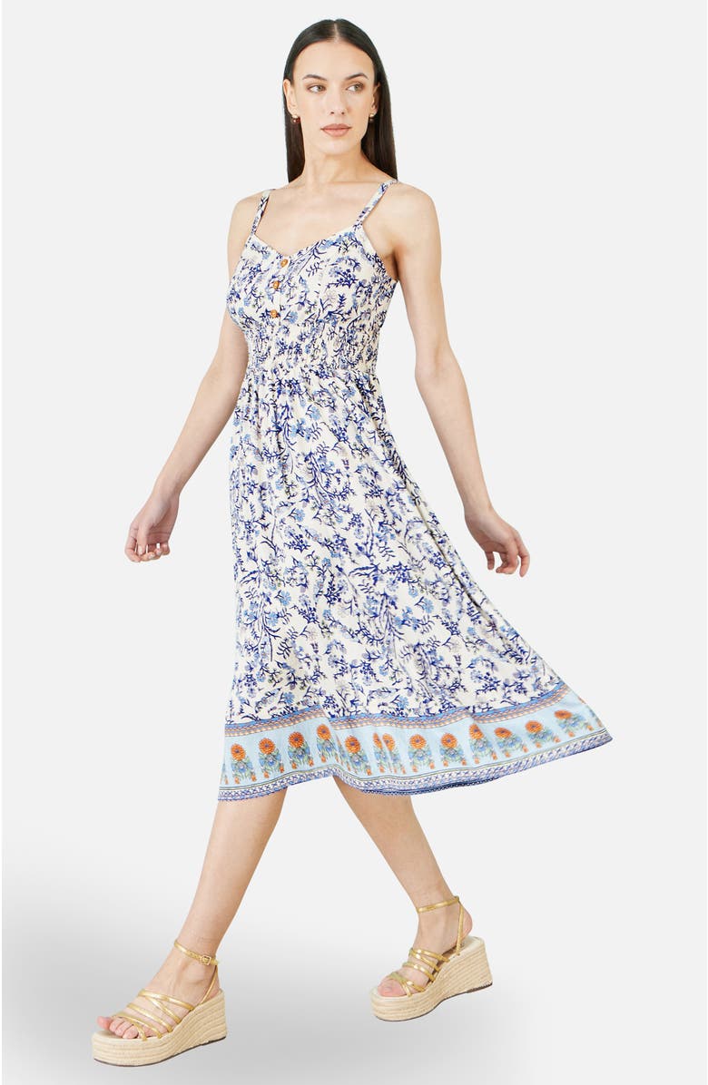 Yumi Floral Border Print Midi Sun Dress, Alternate, color, White