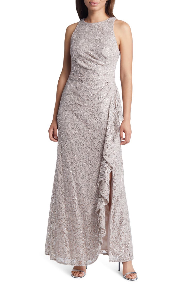 Ruffle Sequin Lace Gown, Main, color, BUFF