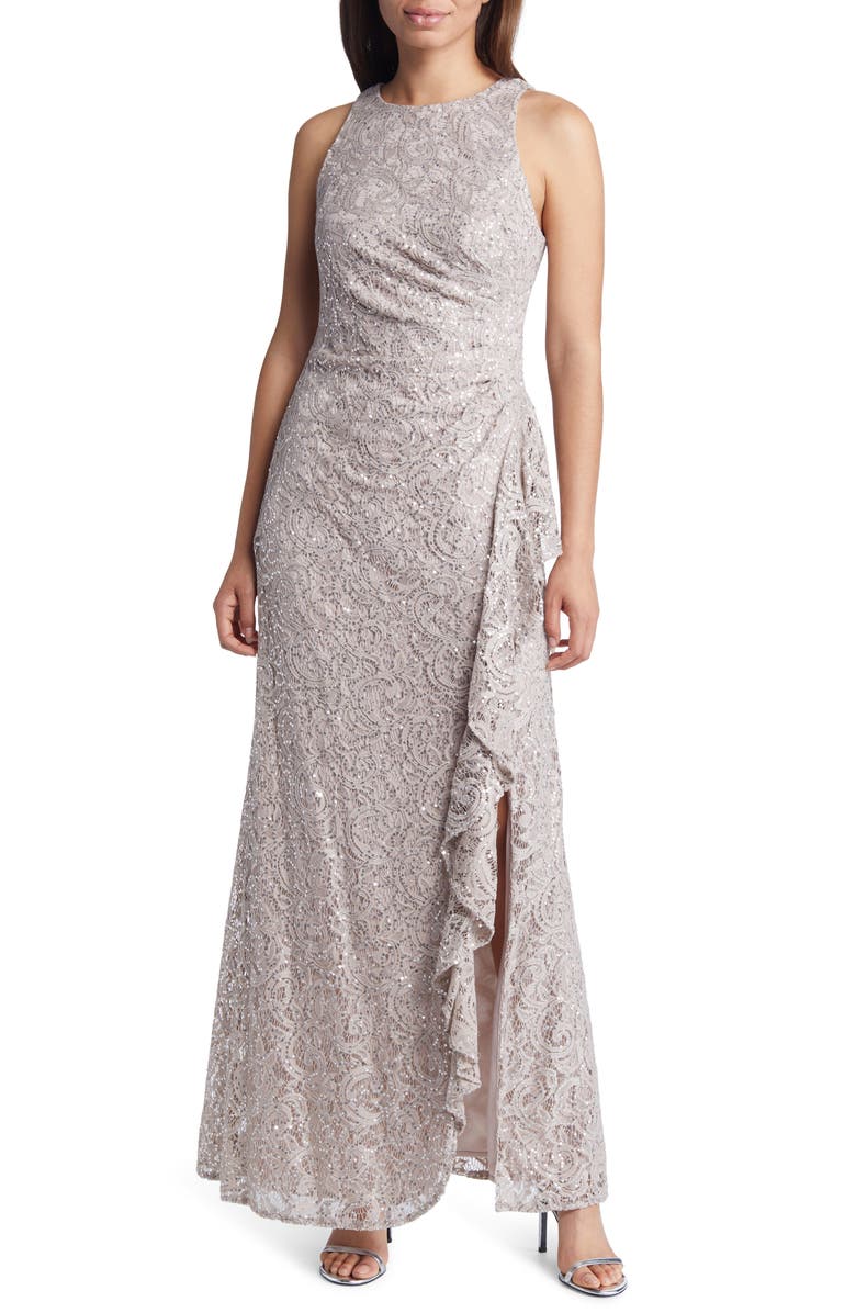 Alex Evenings Ruffle Sequin Lace Gown, Main, color, Buff