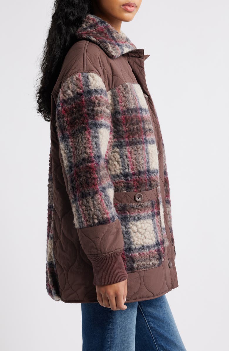 Free People Sana Quilted Plaid Fleece Bomber Jacket, Alternate, color, Pomegranate Combo
